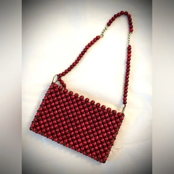 VINTAGE WALBORG bag, 60s/70s ruby red wooden bead clutch/hand bag JAPAN - Picture 5 of 16